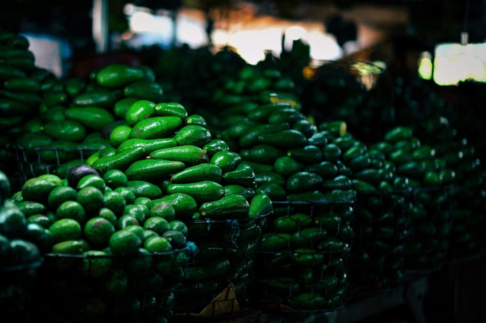 Piles of fresh avocados beautifully displayed in a market setting, showcasing vibrant green hues.